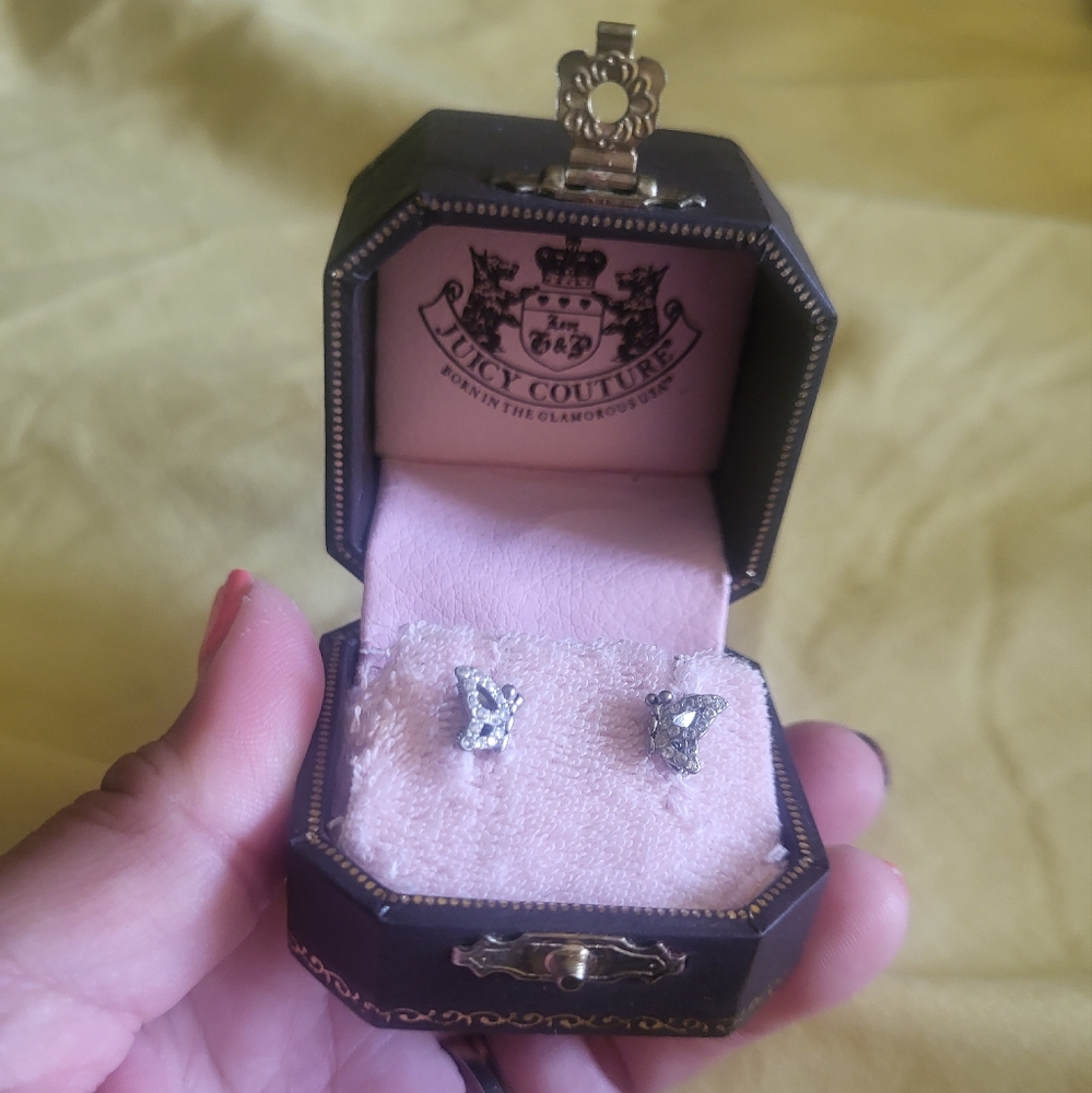 JUICY COUTURE VTG NEW Y2K SMALL BUTTERFLY SILVER CZ EARRINGS W/CROWN BACKINGS - Picture 2 of 5